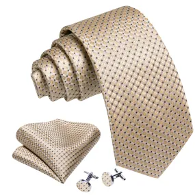 Men's Tan Plaid 100% Silk Neck Tie With Matching Hanky And Cufflinks Set