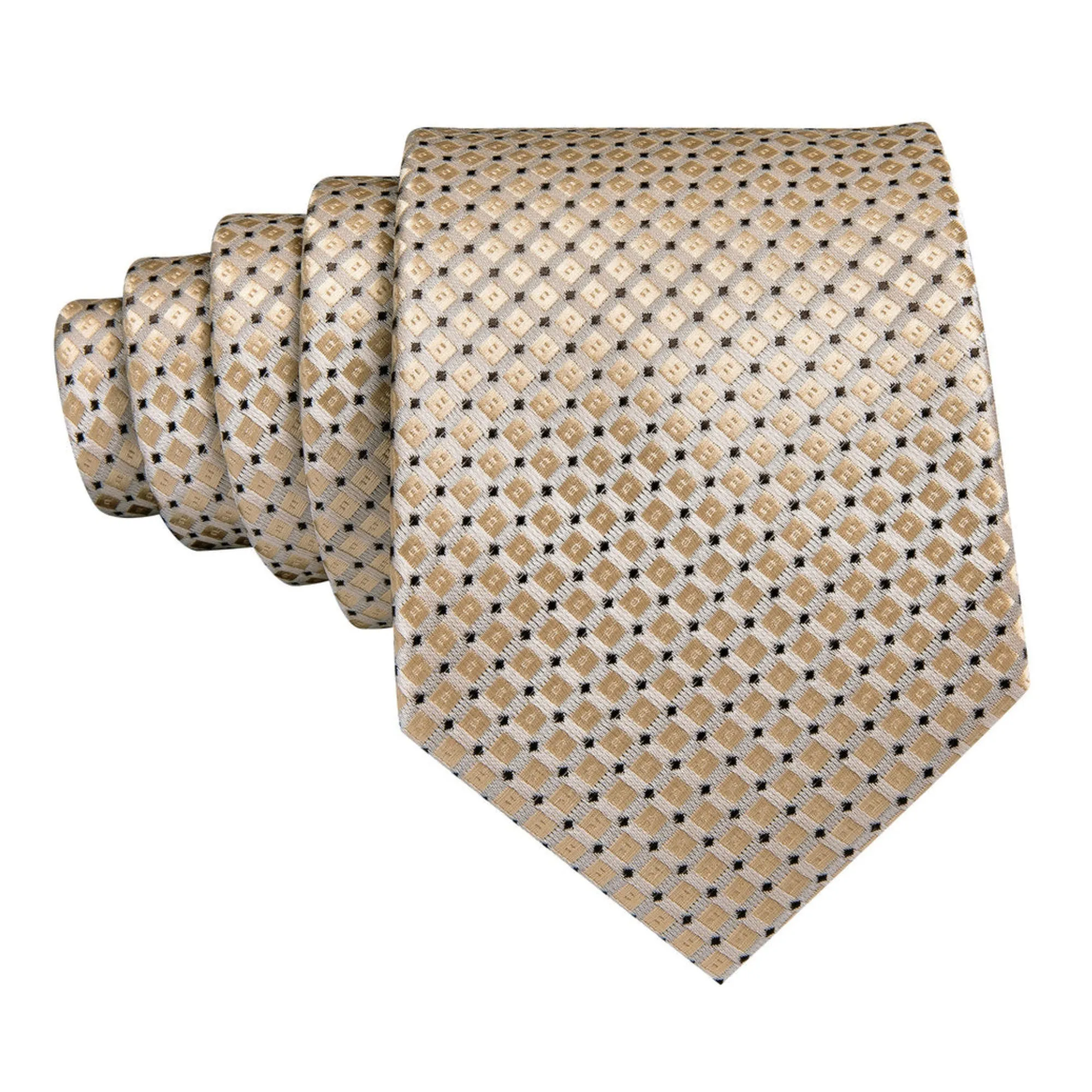 Men's Tan Plaid 100% Silk Neck Tie With Matching Hanky And Cufflinks Set