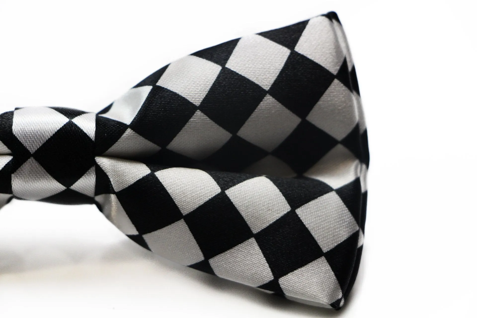 Mens White & Black Checkered Block Patterned Bow Tie