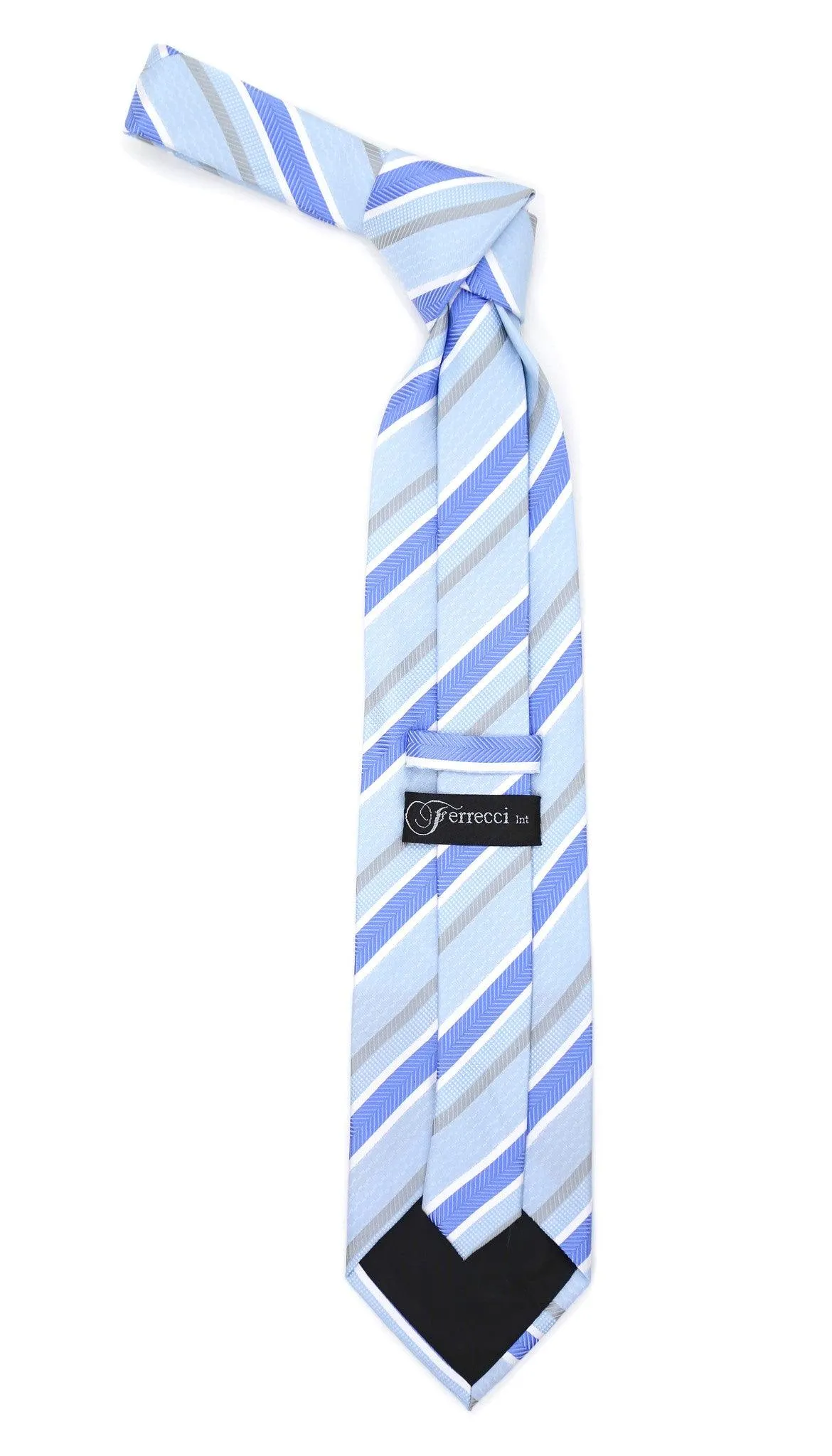 Microfiber Sky Blue Grey Striped Tie and Hankie Set