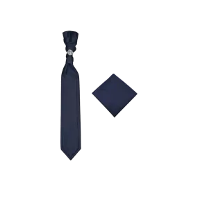 Navy Blue Necktie Cravat with Sliver Diamonds Ring and Handkerchief Set