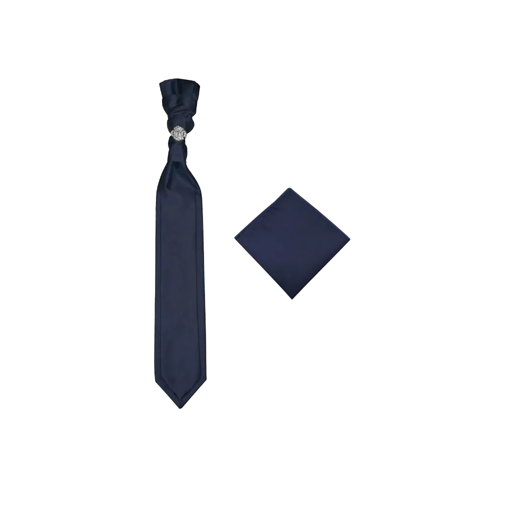 Navy Blue Necktie Cravat with Sliver Diamonds Ring and Handkerchief Set