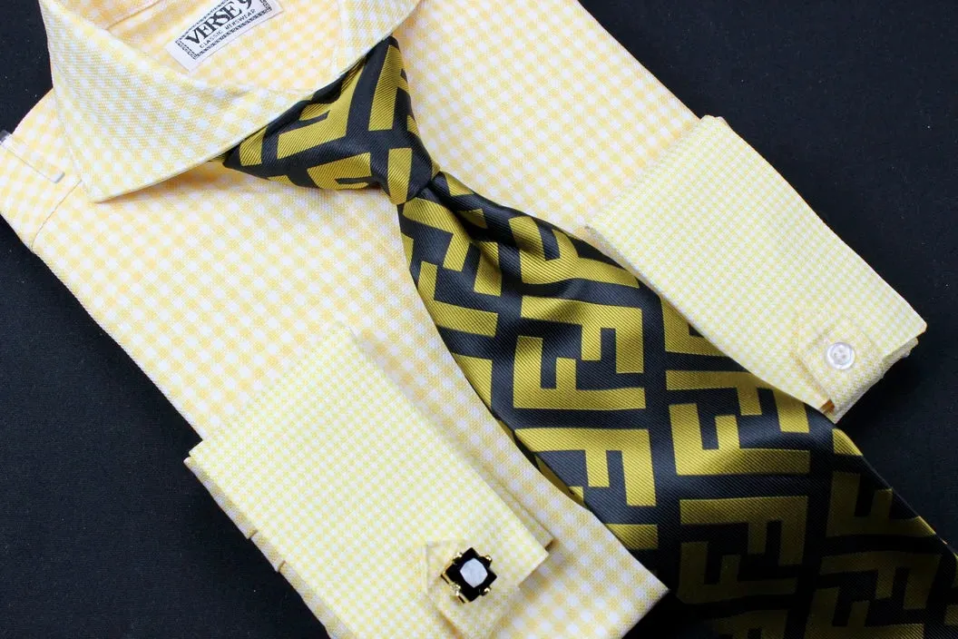 Navy Gold FF Men's Fashion Design Luxury Necktie and Hanky Set