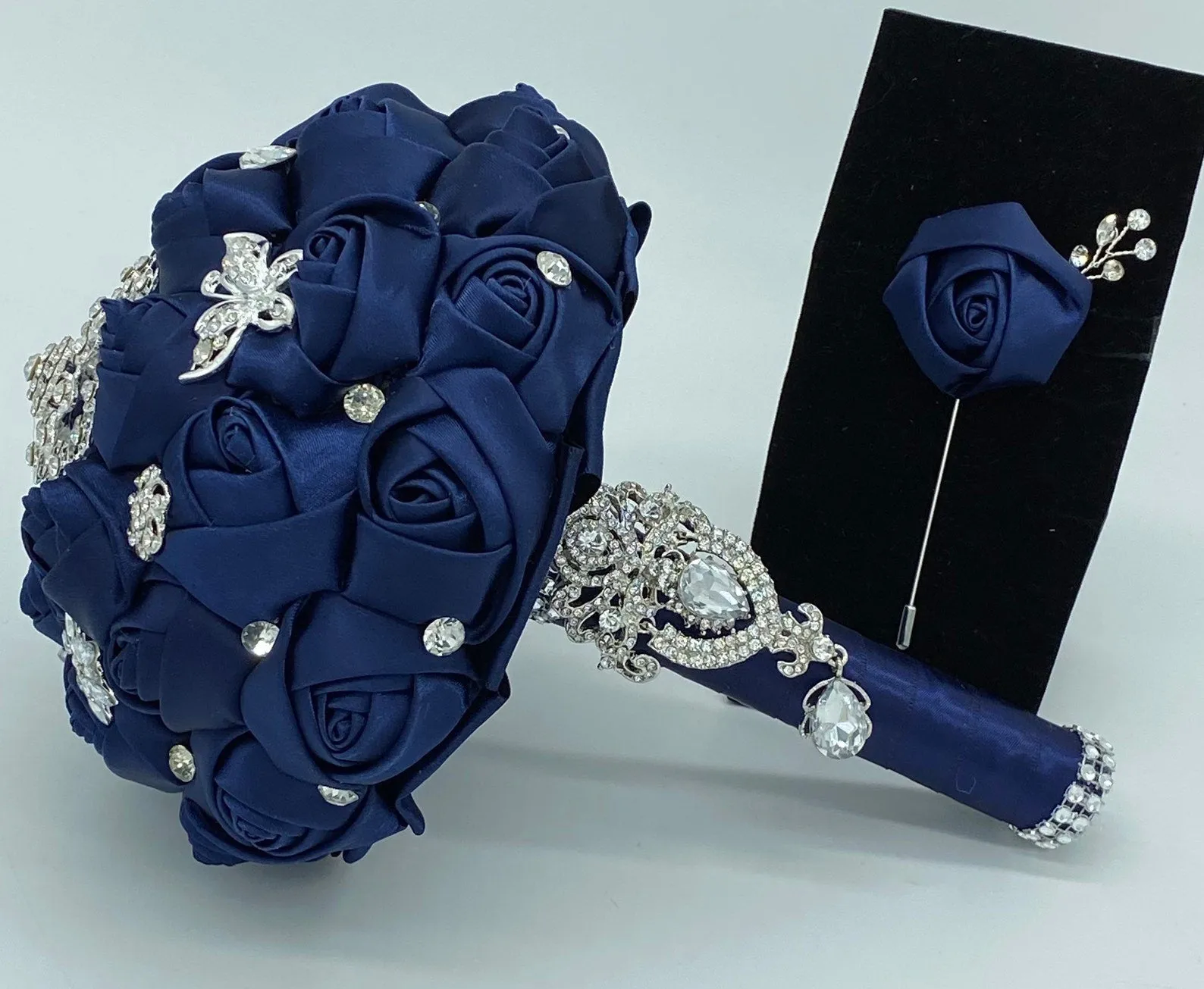 Navy Satin Roses Budget Brooch Bouquet or DIY KIT ~BM008