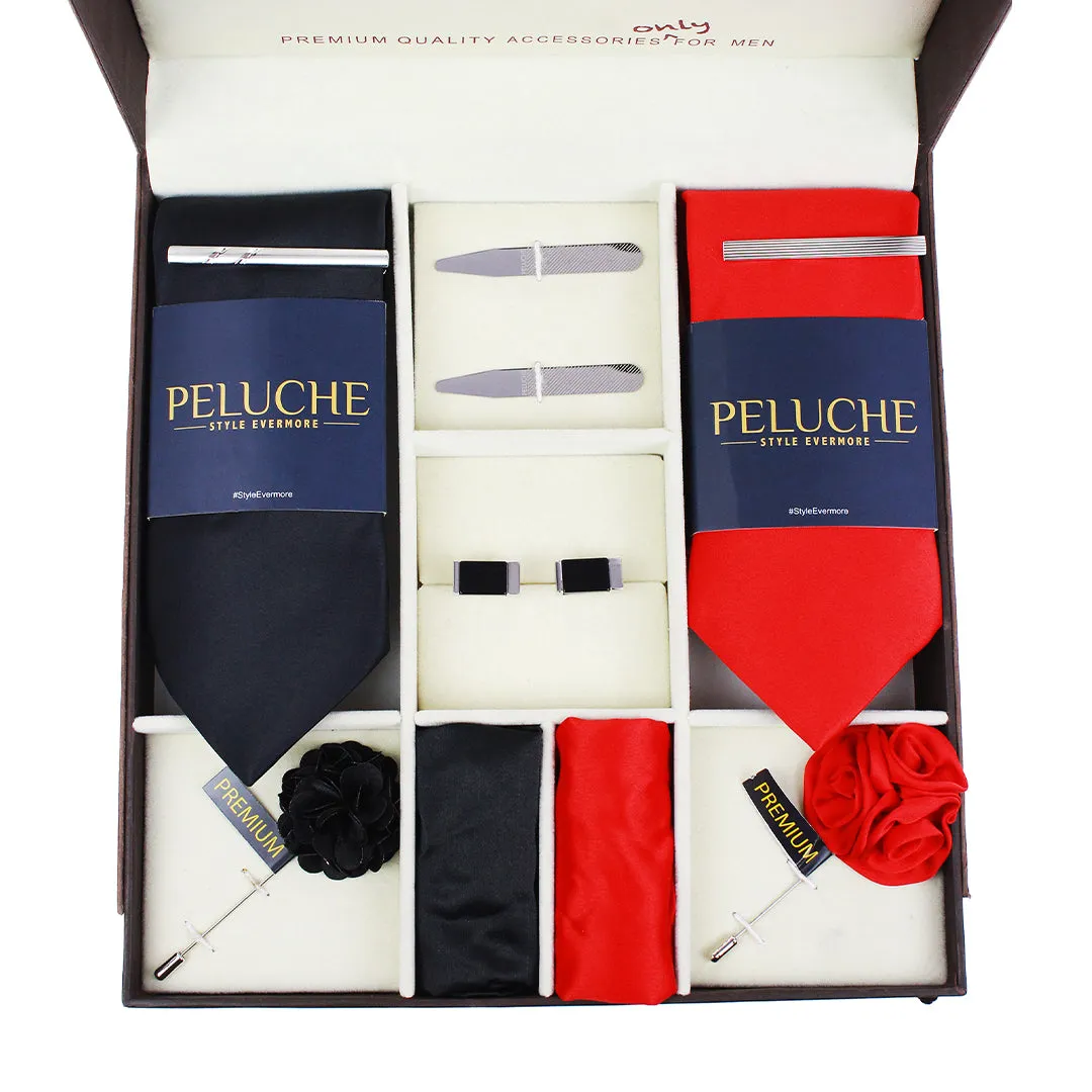 Peluche Solid Black & Red 10 Pcs Premium Gift Box (2 Neckties, 2 Tiepins, 2 Brooches, 2 Pocket Squares, 1 Pair of Cufflinks, 1 Pair of Collar Stays)