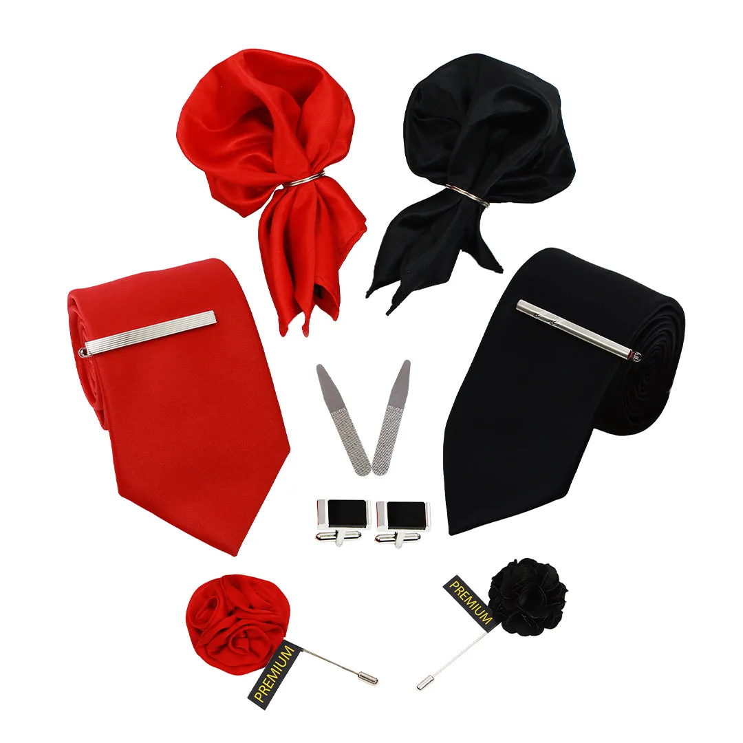 Peluche Solid Black & Red 10 Pcs Premium Gift Box (2 Neckties, 2 Tiepins, 2 Brooches, 2 Pocket Squares, 1 Pair of Cufflinks, 1 Pair of Collar Stays)