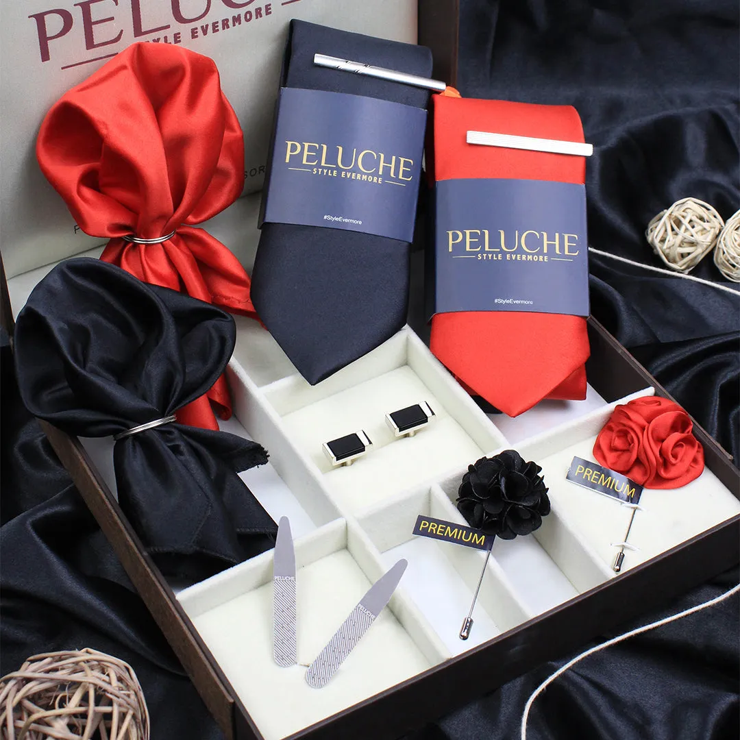 Peluche Solid Black & Red 10 Pcs Premium Gift Box (2 Neckties, 2 Tiepins, 2 Brooches, 2 Pocket Squares, 1 Pair of Cufflinks, 1 Pair of Collar Stays)