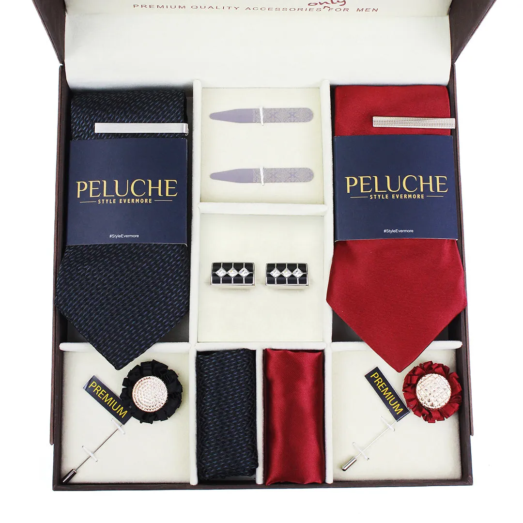 Peluche Striped Black & Maroon 10 Pcs Premium Gift Box (2 Neckties, 2 Tiepins, 2 Brooches, 2 Pocket Squares, 1 Pair of Cufflinks, 1 Pair of Collar Stays)