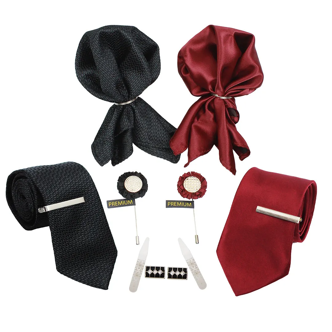 Peluche Striped Black & Maroon 10 Pcs Premium Gift Box (2 Neckties, 2 Tiepins, 2 Brooches, 2 Pocket Squares, 1 Pair of Cufflinks, 1 Pair of Collar Stays)