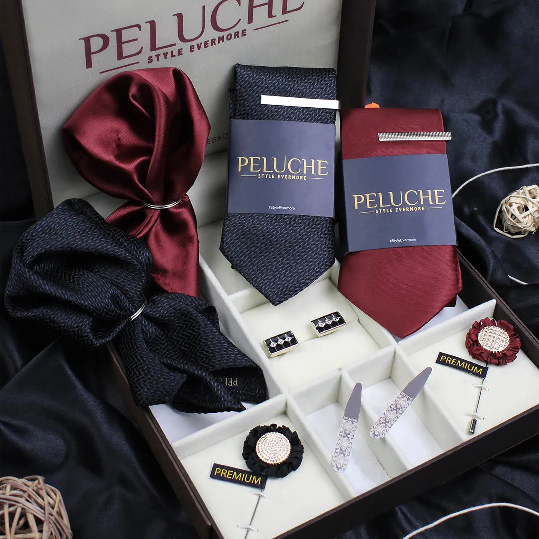 Peluche Striped Black & Maroon 10 Pcs Premium Gift Box (2 Neckties, 2 Tiepins, 2 Brooches, 2 Pocket Squares, 1 Pair of Cufflinks, 1 Pair of Collar Stays)