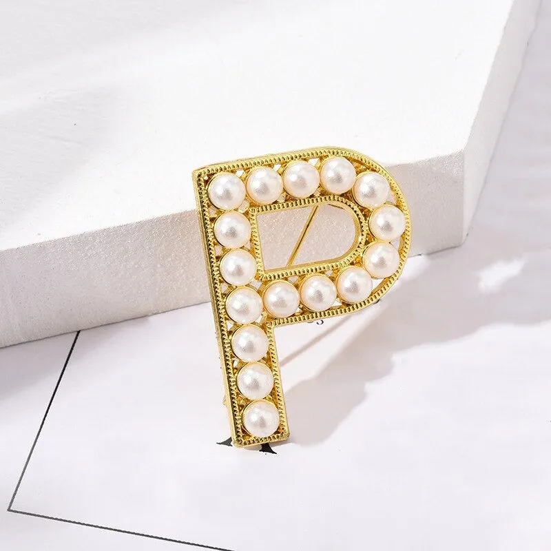 Personalized Retro Chic Pearl Encrusted Initial Letter Brooch Pins