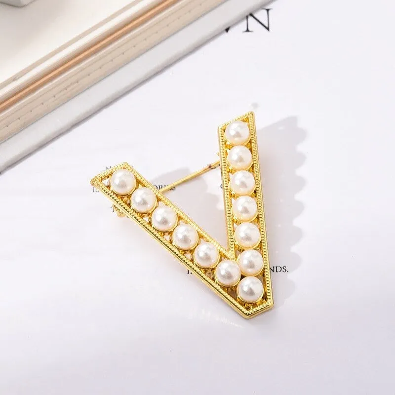 Personalized Retro Chic Pearl Encrusted Initial Letter Brooch Pins