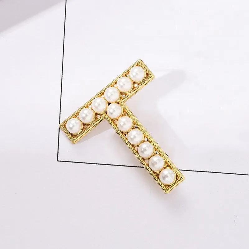 Personalized Retro Chic Pearl Encrusted Initial Letter Brooch Pins