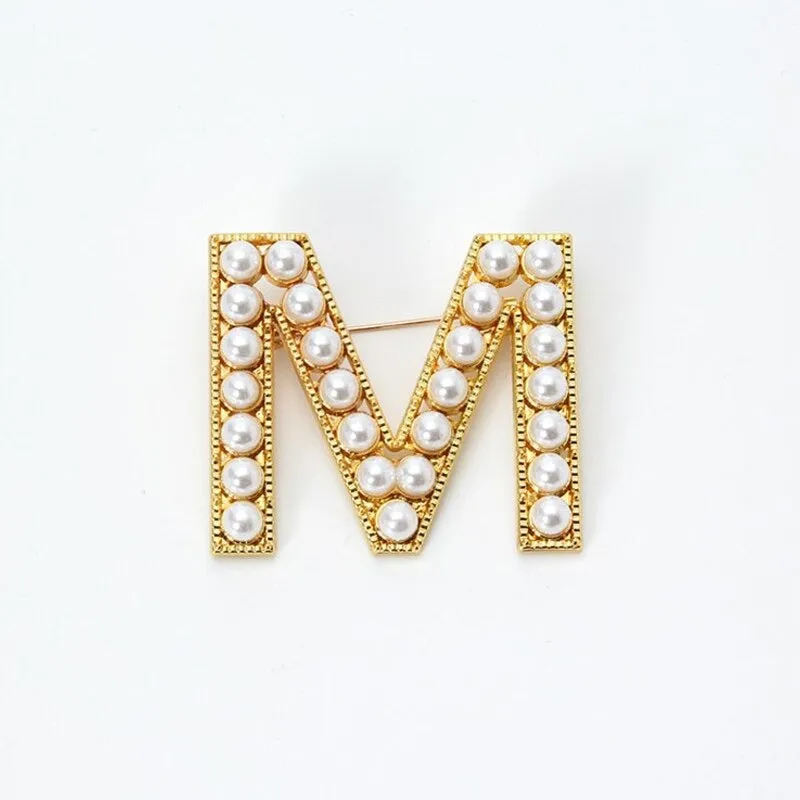 Personalized Retro Chic Pearl Encrusted Initial Letter Brooch Pins