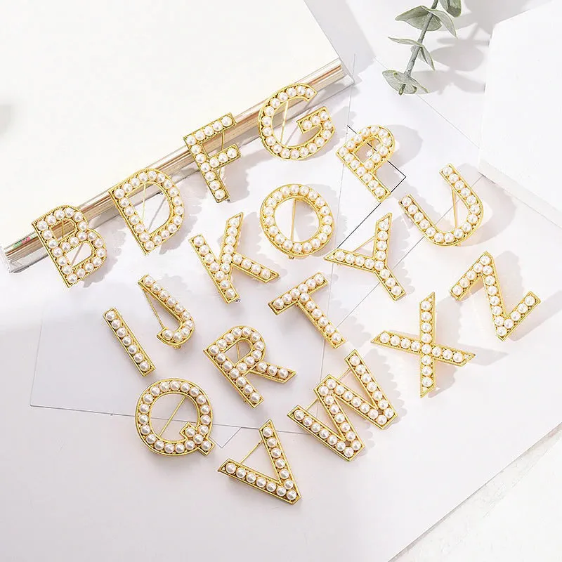 Personalized Retro Chic Pearl Encrusted Initial Letter Brooch Pins