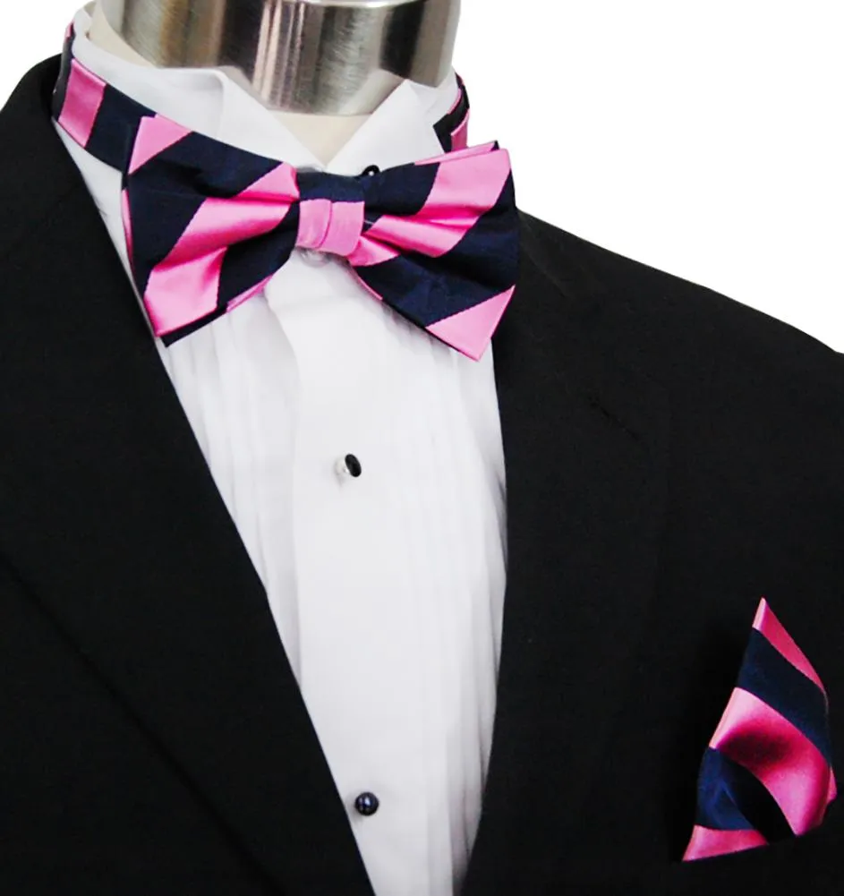 Pink and Navy Striped Silk Bow Tie Set