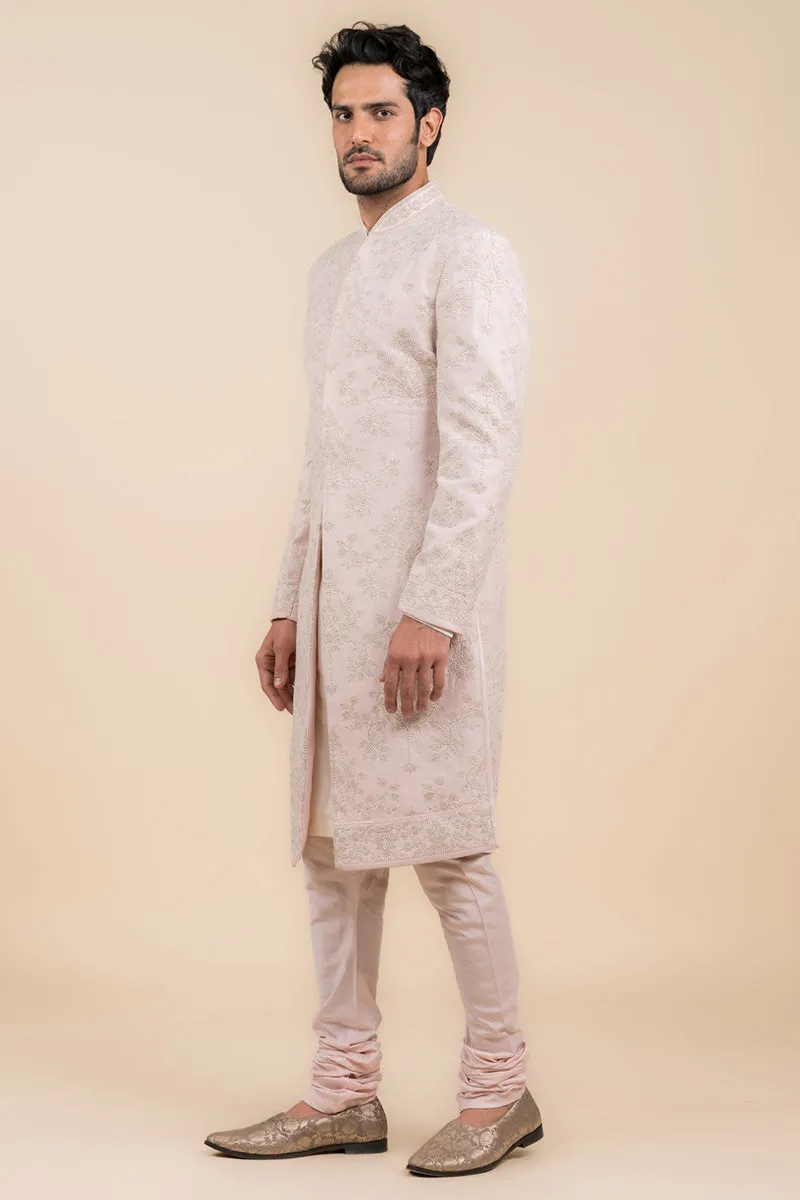 Pink Embroidered Sherwani In Pearl Highlights