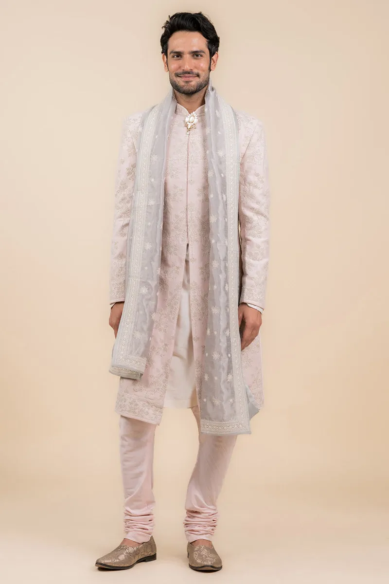 Pink Embroidered Sherwani In Pearl Highlights