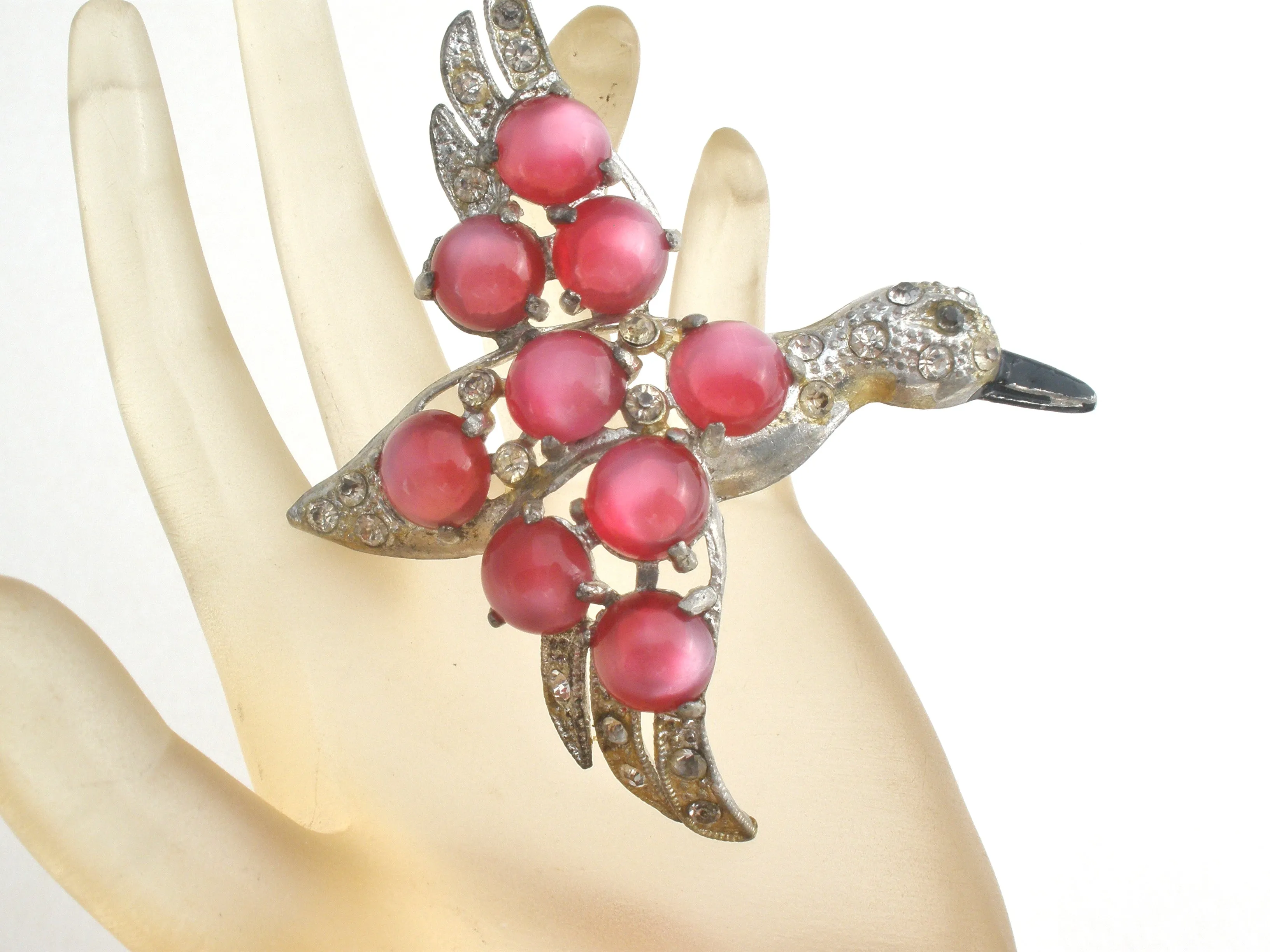 Pink Moonglow Bird Brooch Vintage Pot Metal