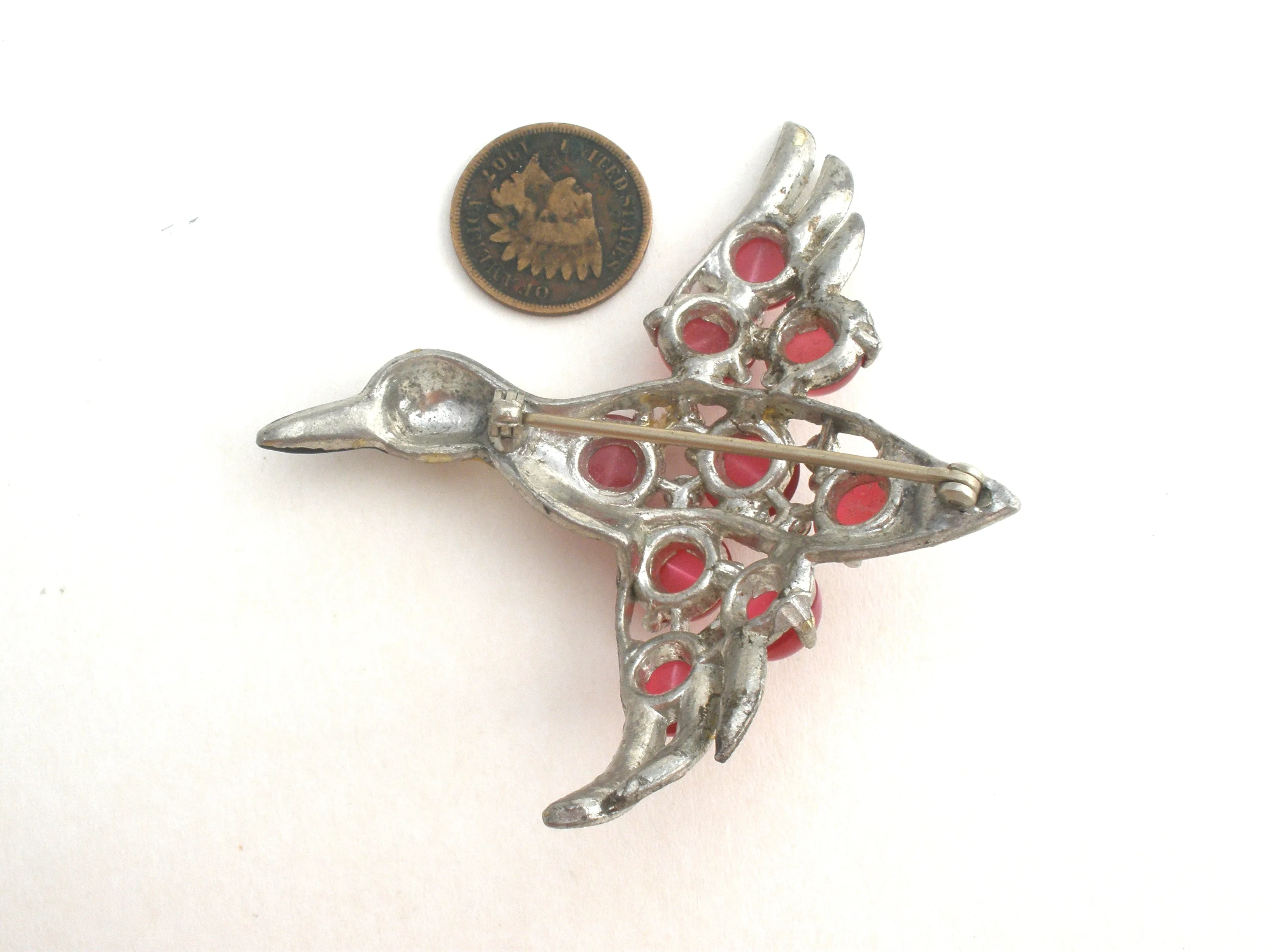 Pink Moonglow Bird Brooch Vintage Pot Metal