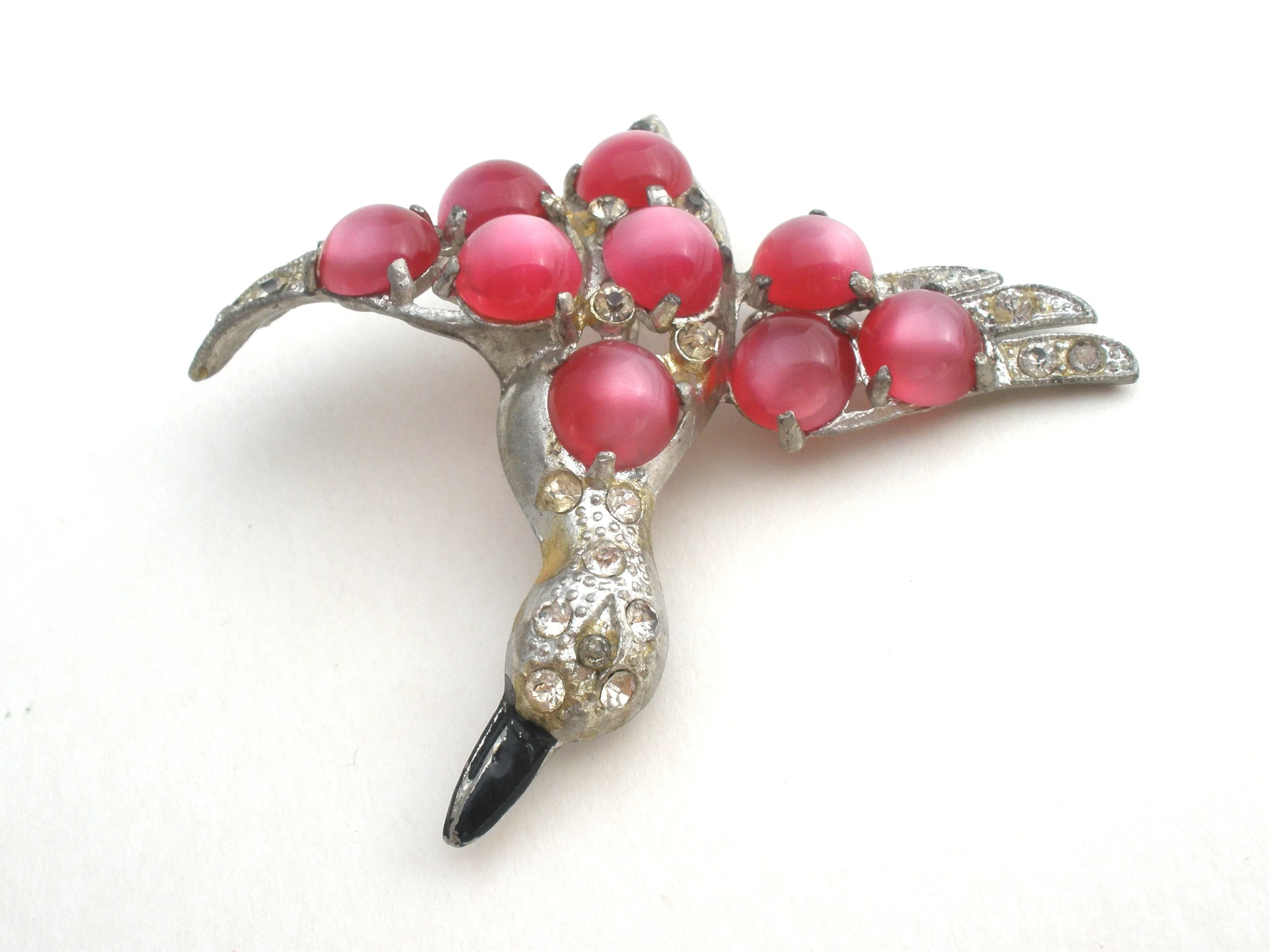 Pink Moonglow Bird Brooch Vintage Pot Metal