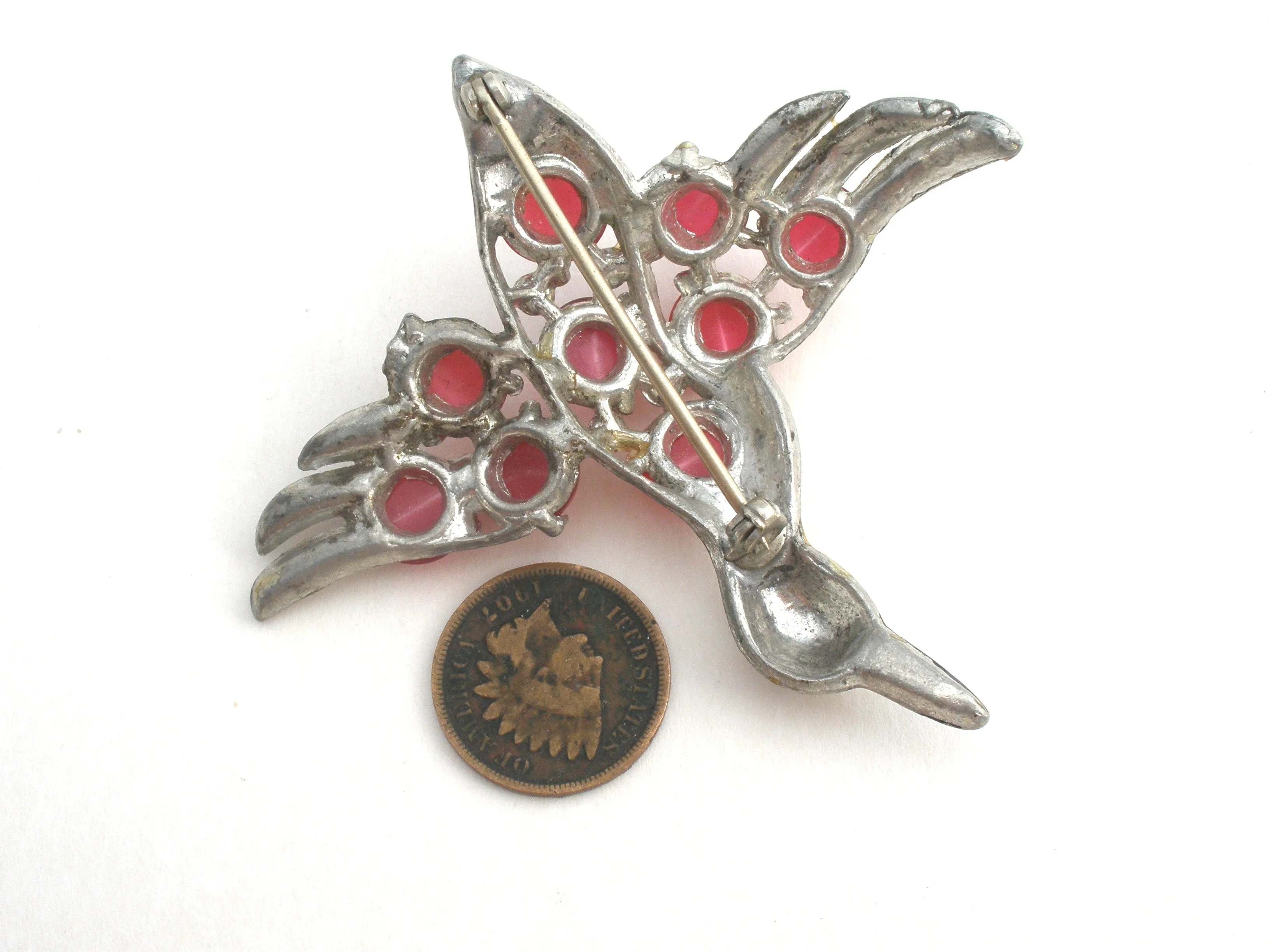 Pink Moonglow Bird Brooch Vintage Pot Metal