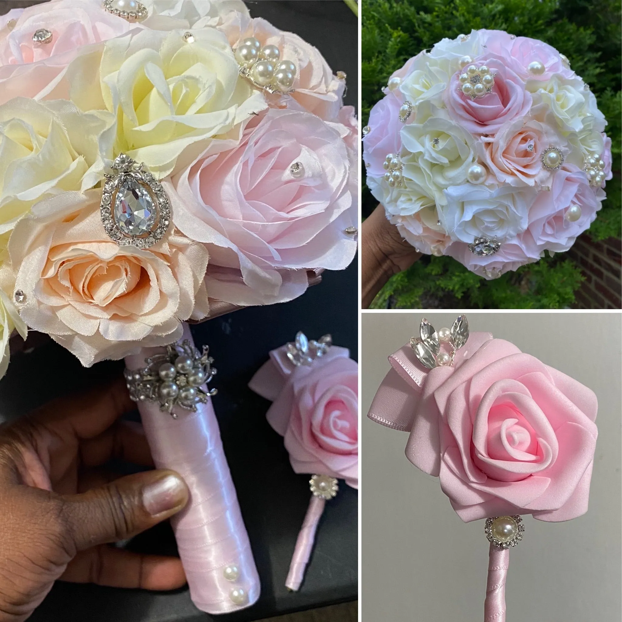 PINKY -  Ivory Light Pink Silk Roses Brooch Bouquet