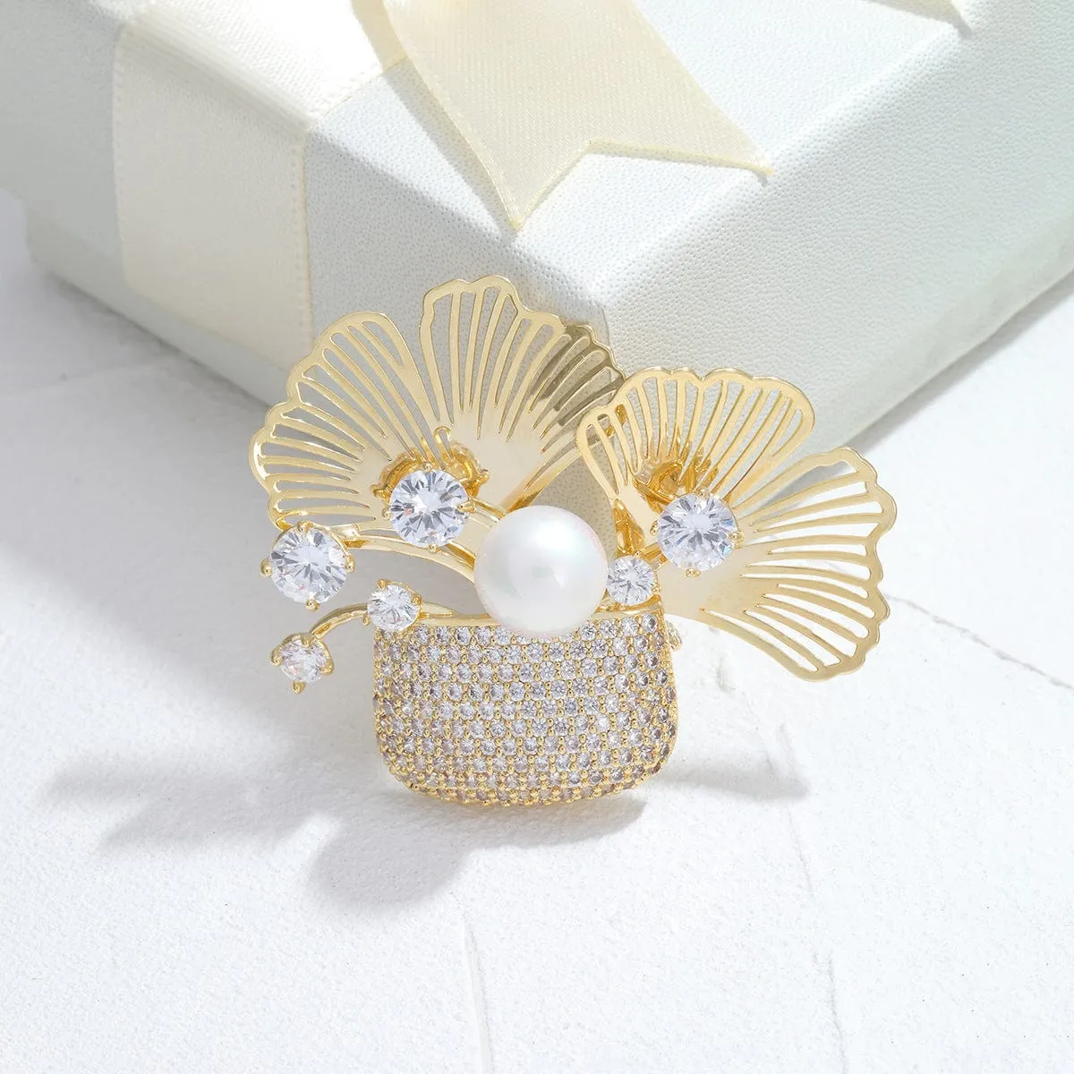 Plant-Filled Pouch Brooch with Crystals and Pearl