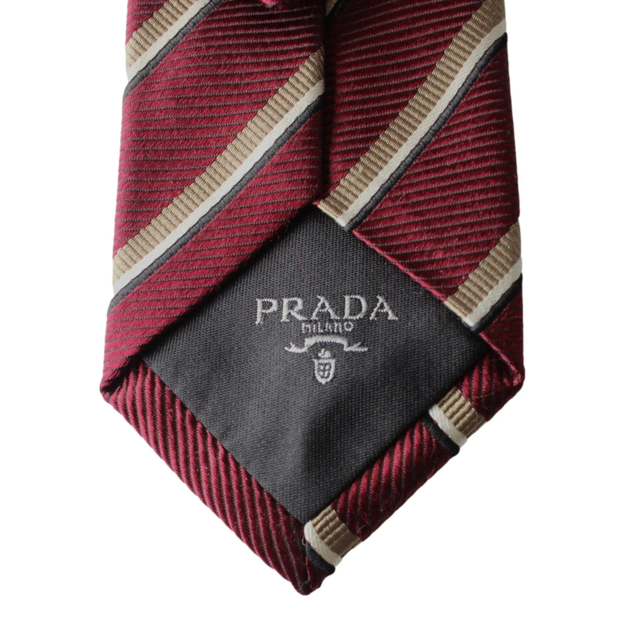 Prada Mens Neck Tie 100% Silk Bordeaux Red Gold Stripe Classic Pattern