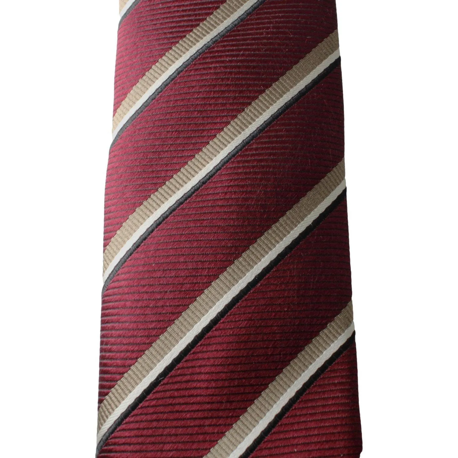 Prada Mens Neck Tie 100% Silk Bordeaux Red Gold Stripe Classic Pattern