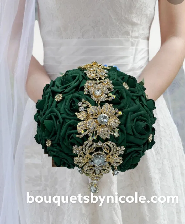 RE002 ~ Emerald Green Real Touch Roses Brooch Bouquet