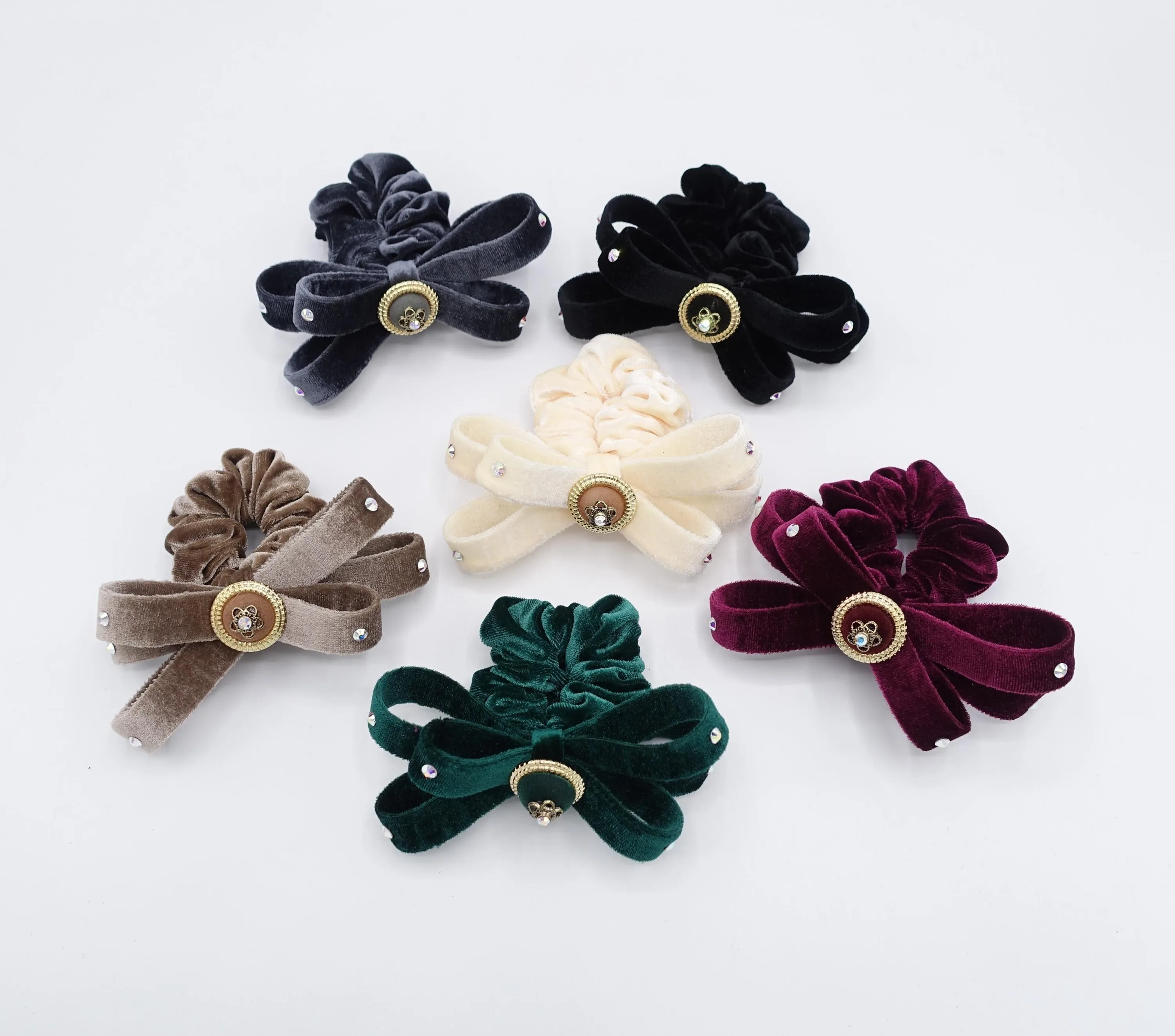 rhinestone button velvet bow scrunchies, regal loop hair tie, embellished hair ties for women