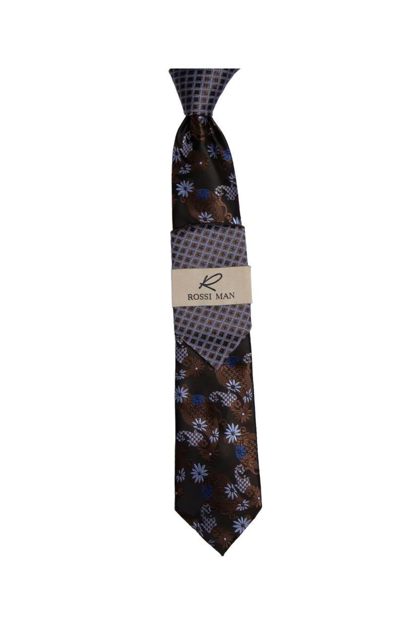 Rossi Man Brown-Blue Ties and Hanky Set