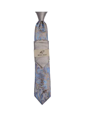 Rossi Man Gray-Blue Paisley Ties and Hanky Set