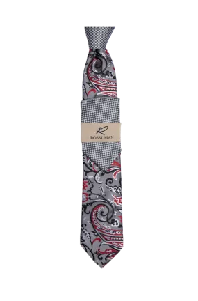 Rossi Man Gray-Red Paisley Ties and Hanky Set