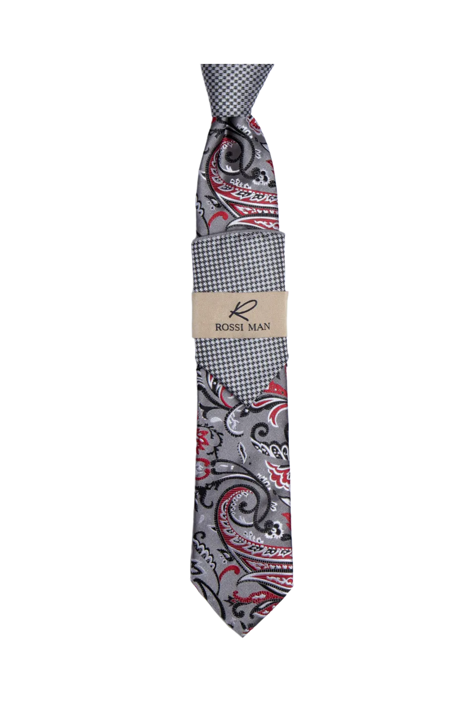 Rossi Man Gray-Red Paisley Ties and Hanky Set