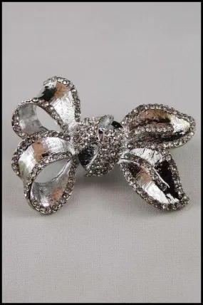 Satin Finish Crystal Bow Brooch Pin