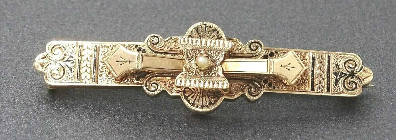 Seed Pearl 9ct Yellow Gold Ornate Bar Brooch