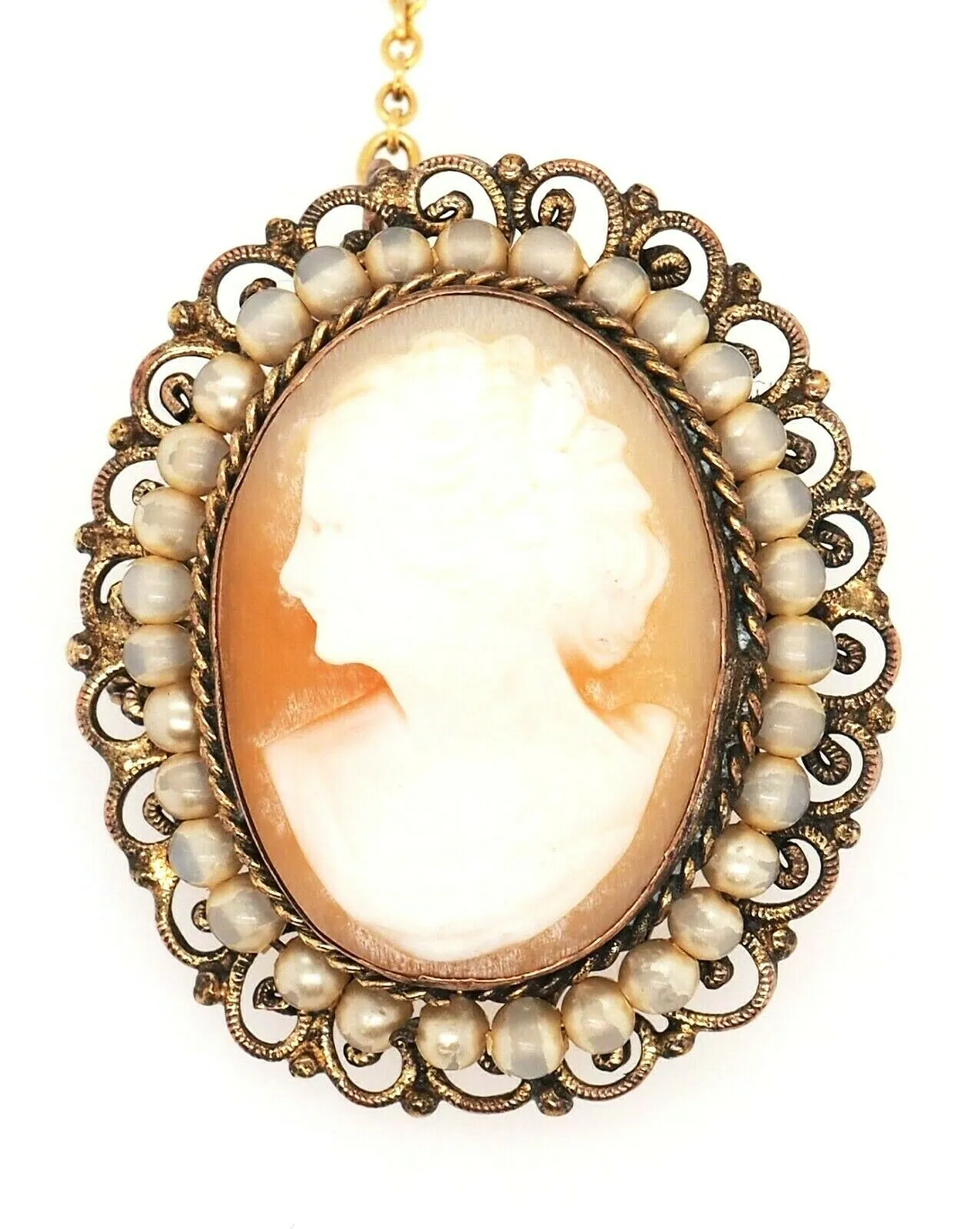 Shell Cameo & Faux Pearl Gold Plated Brooch Vintage Fashion Jewellery