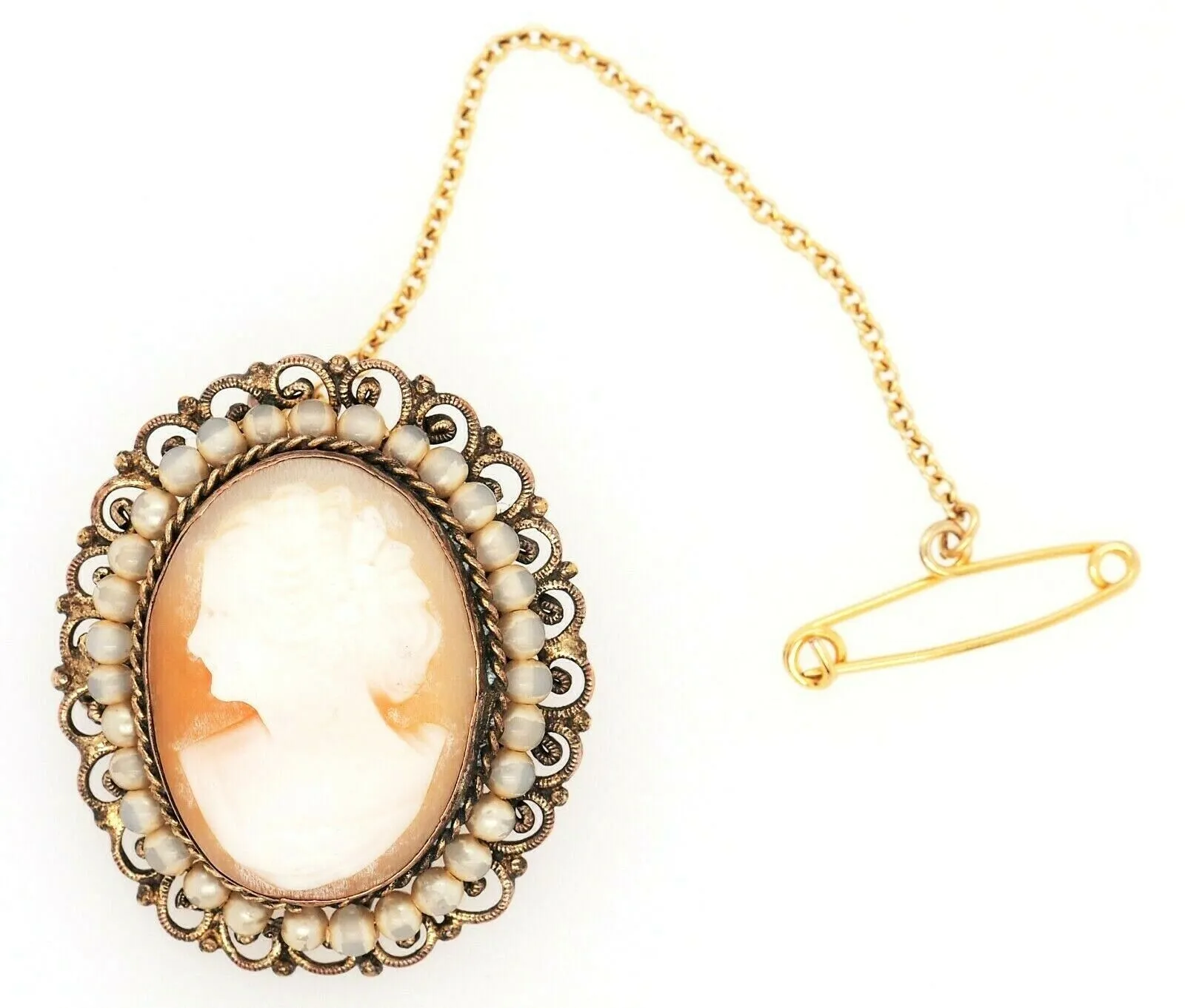 Shell Cameo & Faux Pearl Gold Plated Brooch Vintage Fashion Jewellery