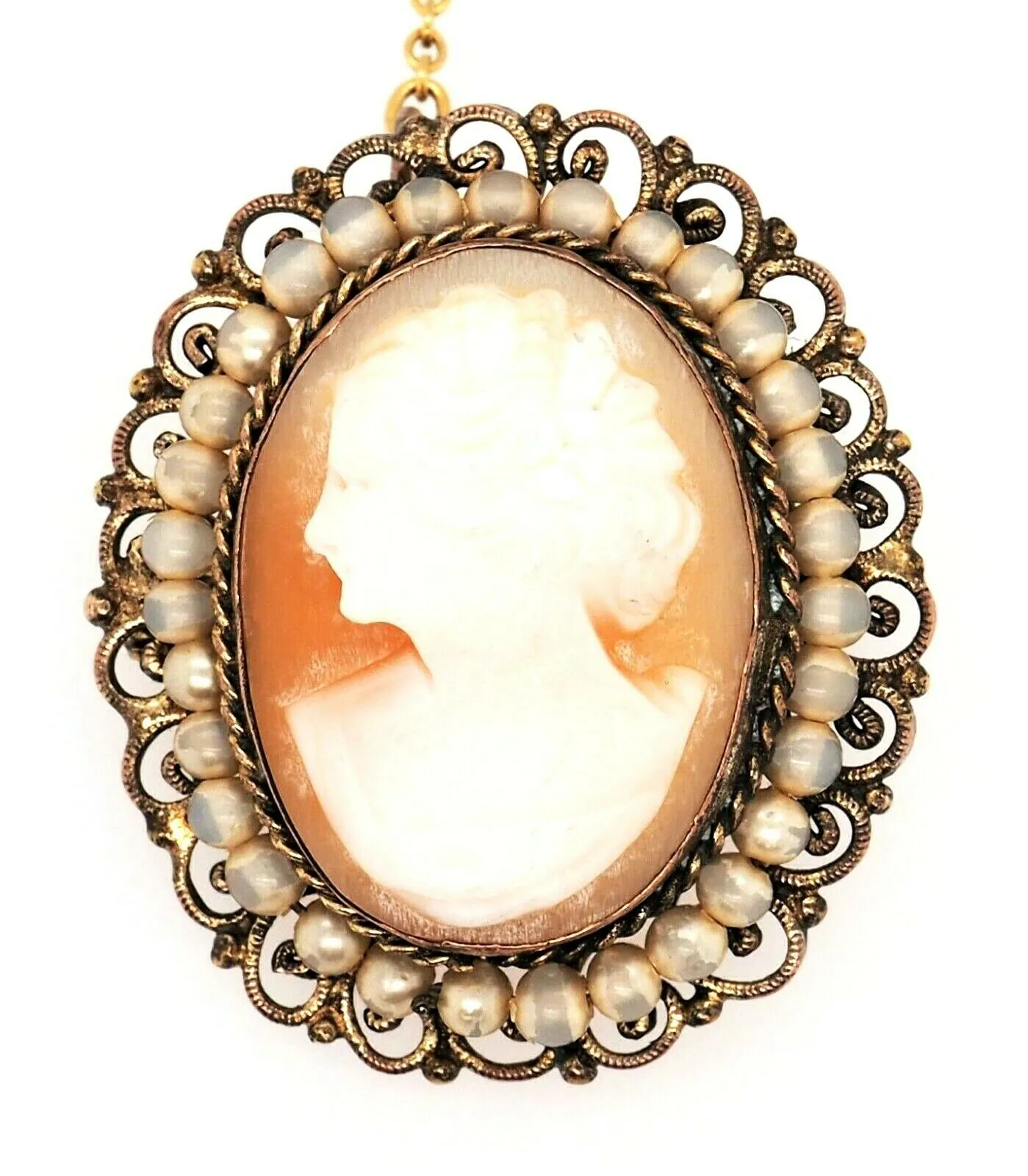 Shell Cameo & Faux Pearl Gold Plated Brooch Vintage Fashion Jewellery