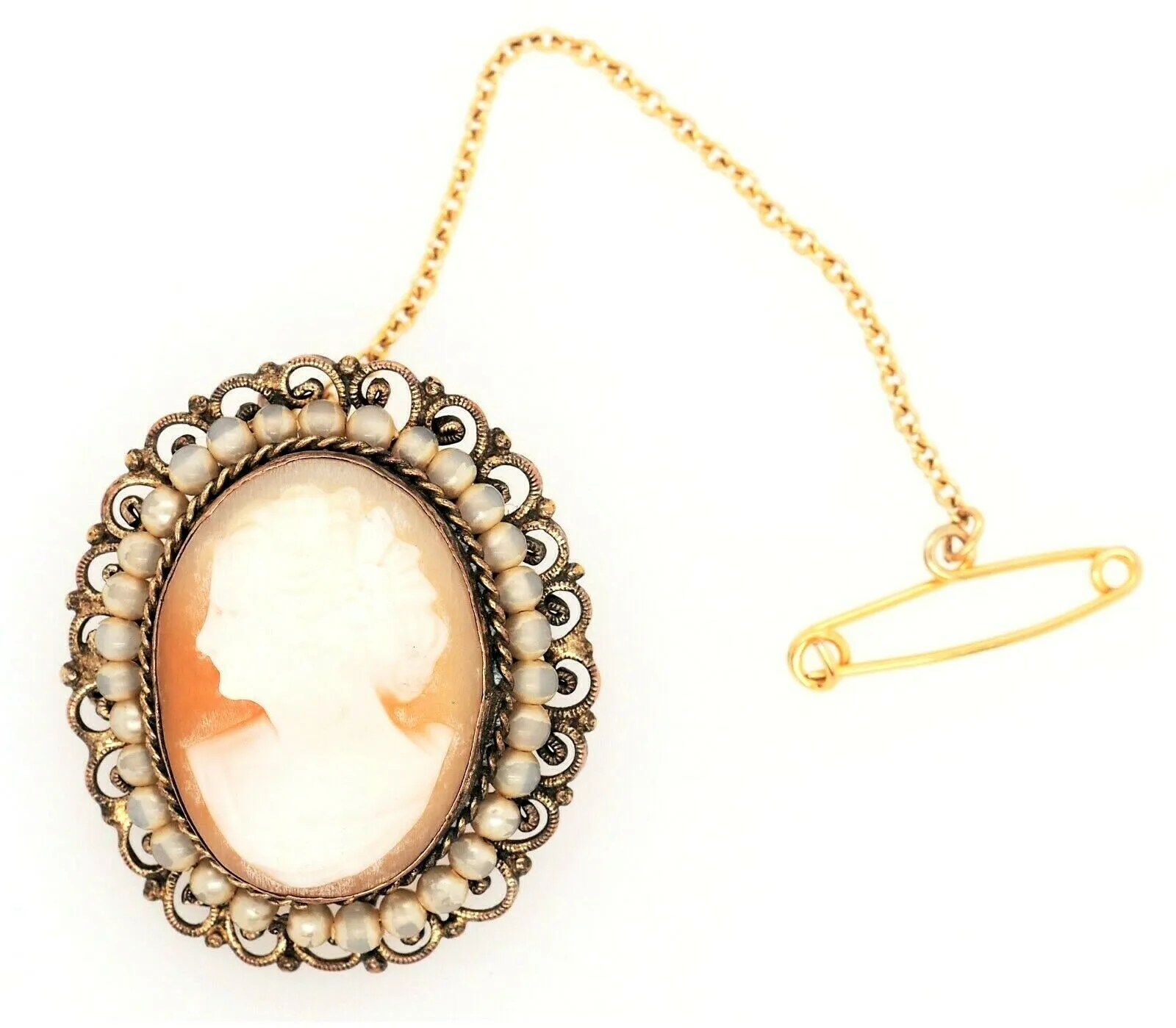 Shell Cameo & Faux Pearl Gold Plated Brooch Vintage Fashion Jewellery