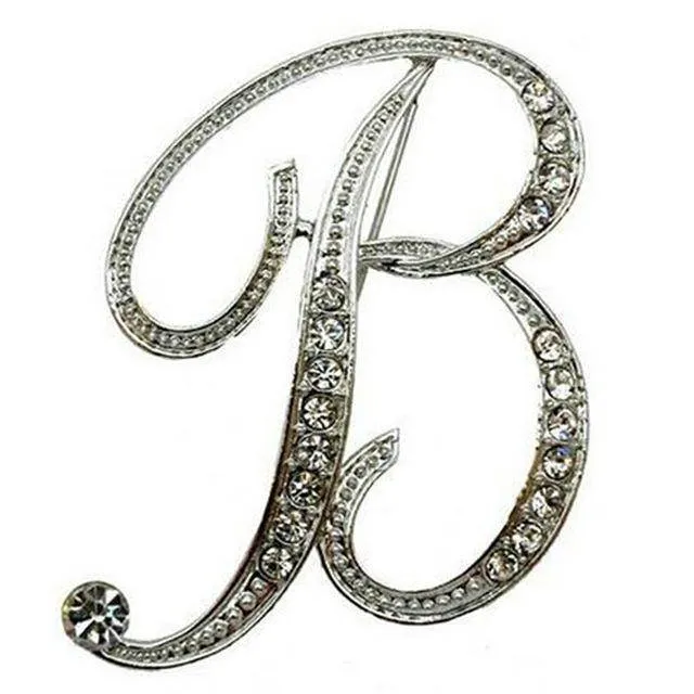 Silver A-N Letter Crystal metal Brooch