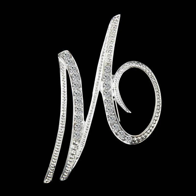 Silver A-N Letter Crystal metal Brooch