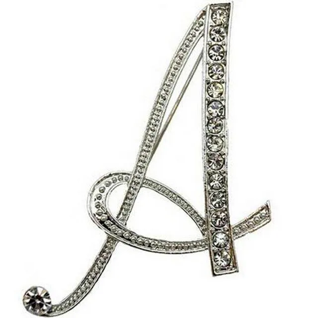 Silver A-N Letter Crystal metal Brooch