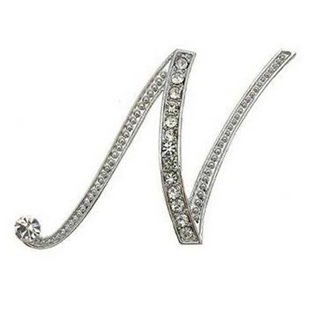 Silver A-N Letter Crystal metal Brooch