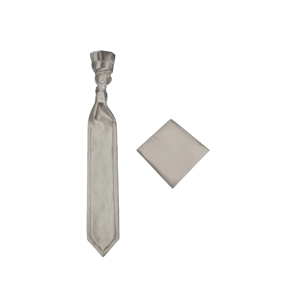 Sliver Grey Necktie Cravat with Sliver Diamonds Ring and Handkerchief Set