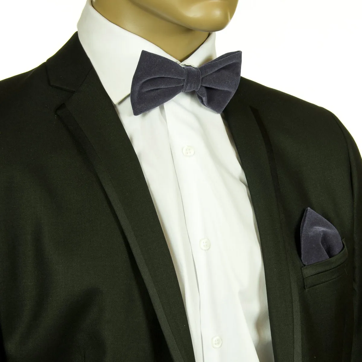 Solid Grey VELVET Bow Tie and Pocket Square Set