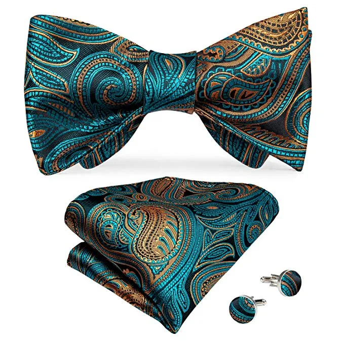 Teal and Gold Paisley Bow Tie Set-BTS471