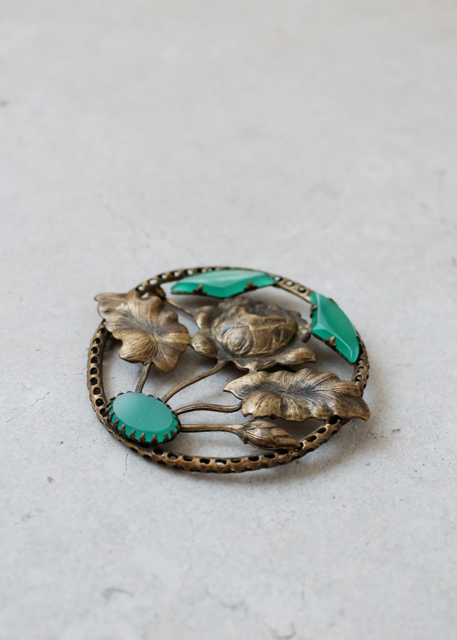 Vintage 1930s Brass and Green Glass Flower Brooch